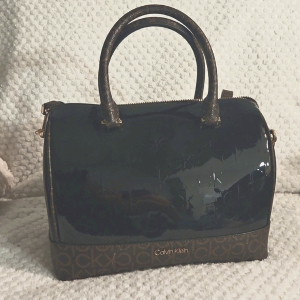 Calvin Klein Glossy Patent Leather Brand Monogram Brown Sachel - Picture 13 of 16